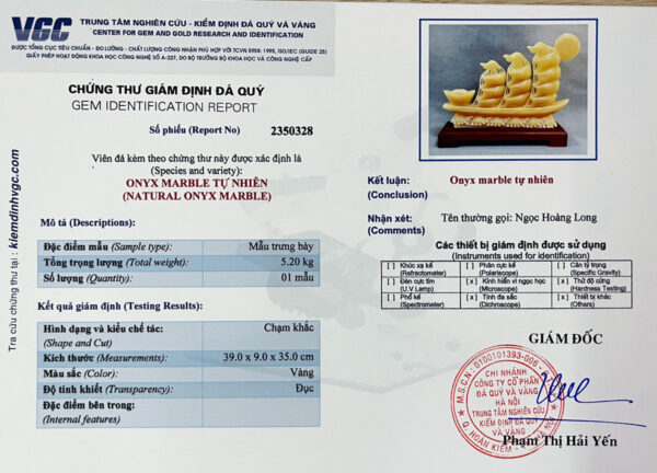 Chứng thư giám định đá quý thuyền buồm ngọc hoàng long