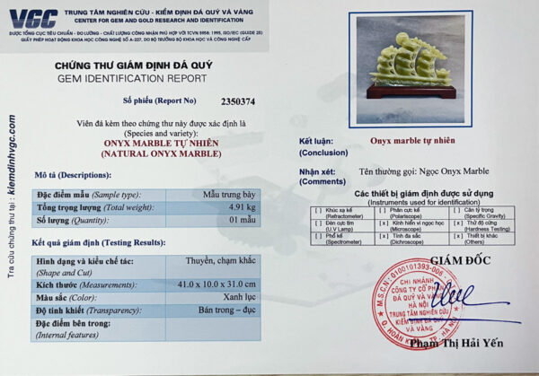 Kiểm Định Tác phẩm Thuận buồm xuôi gió ngọc onyx xanh 41cm - 4,91kg