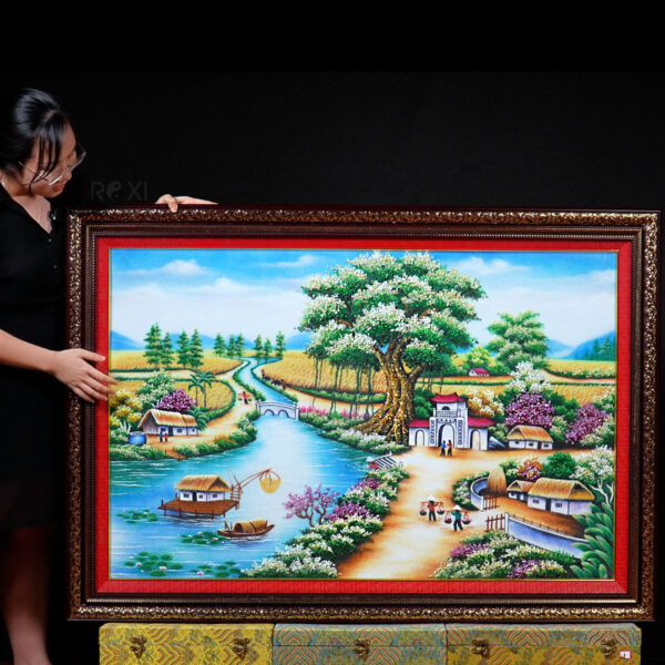 Tranh Đá quý Phong cảnh làng quê 1m4*1m TDQLQ01