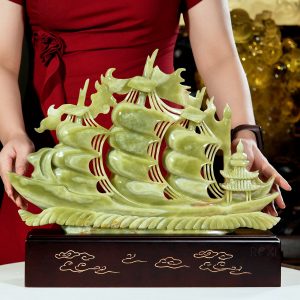 Thuyền buồm phong thủy ngọc onyx xanh 43cm (1)